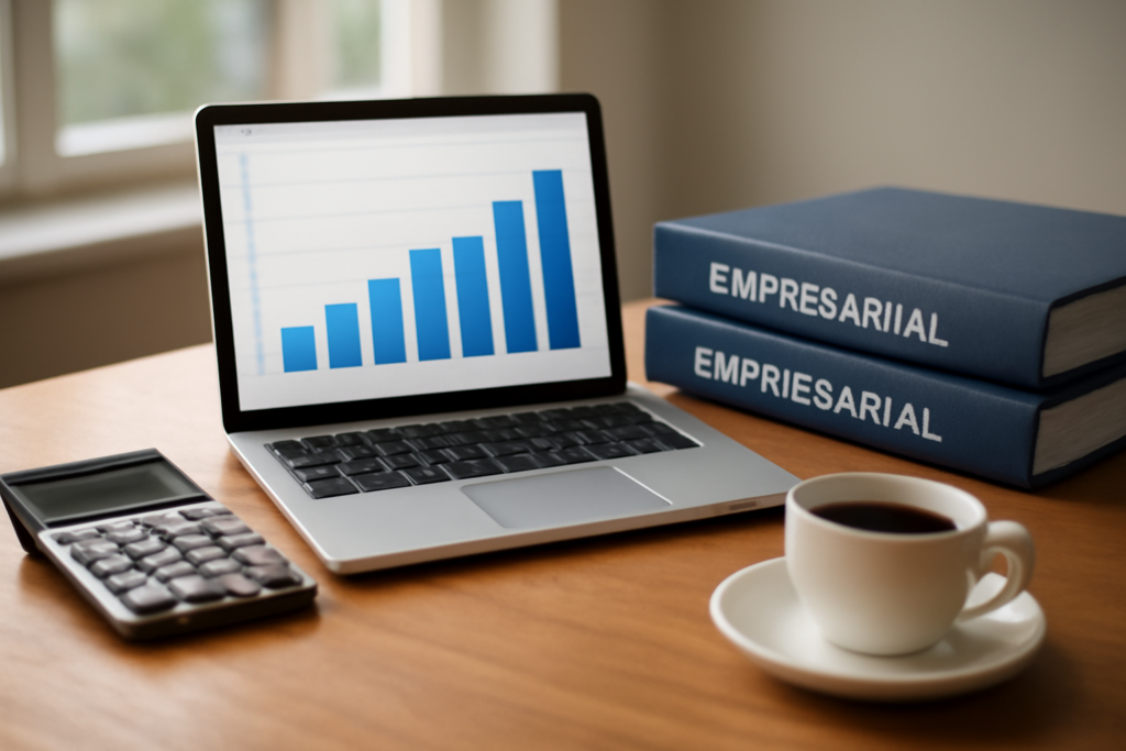 Mesa de escritório contábil com computador, calculadora e documentos, ilustrando a abertura de empresas em setembro
