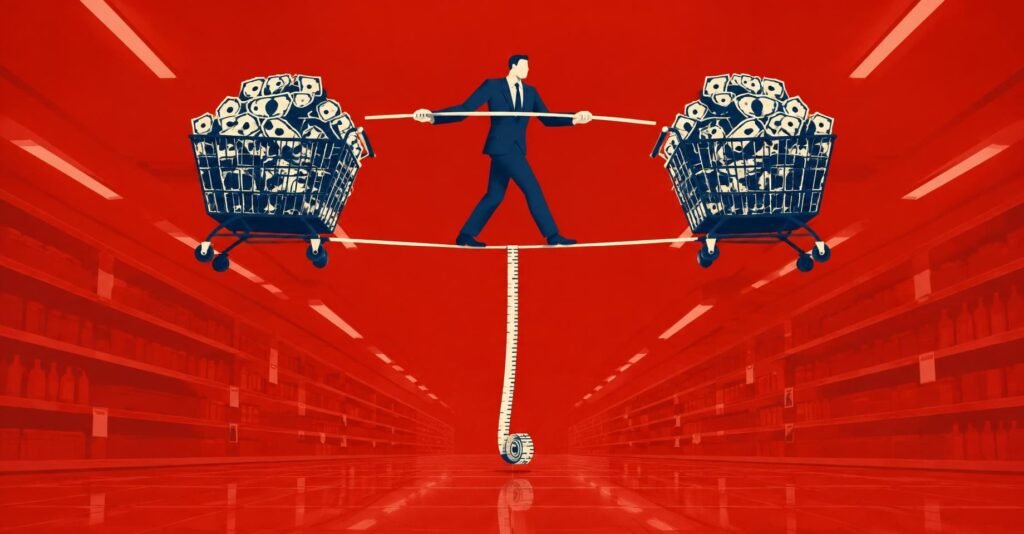 Ilustração de contador equilibrando-se em corda entre dois carrinhos de supermercado, com a alíquota CBS 2027 em debate no Senado.