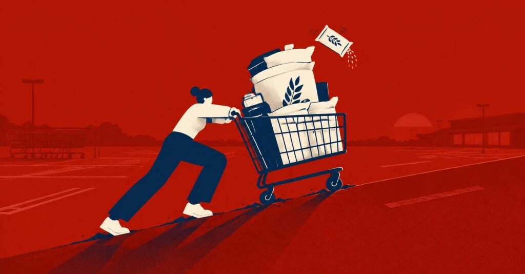 Ilustração de consumidor empurrando carrinho de supermercado pesado ladeira acima, representando a alíquota CBS 2027.