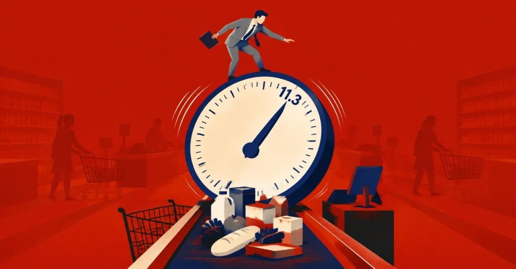 Ilustração de alíquota CBS 2027 com contador equilibrando-se sobre um mostrador gigante que aponta para 11,3%, no caixa de um supermercado.
