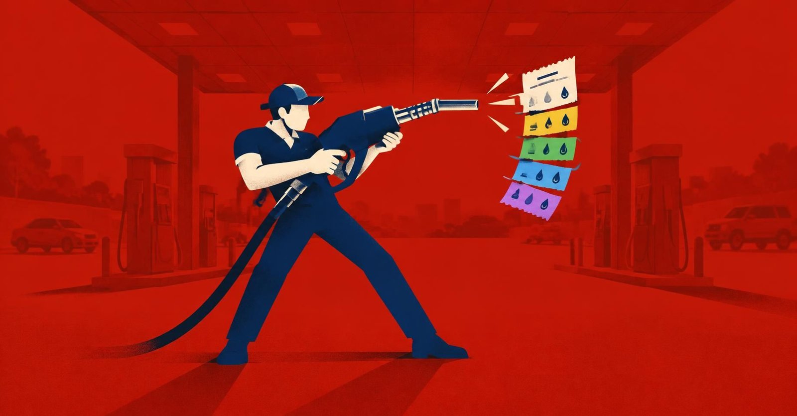 Ilustração de frentista com bico de combustível gigante apontado para comprovante fiscal, representando alíquota CBS combustíveis por produto.