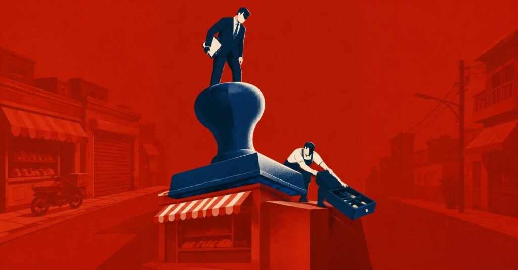 Ilustração de um fiscal sobre um carimbo gigante ao lado de uma loja, simbolizando a alíquota da CBS e a reforma tributária.