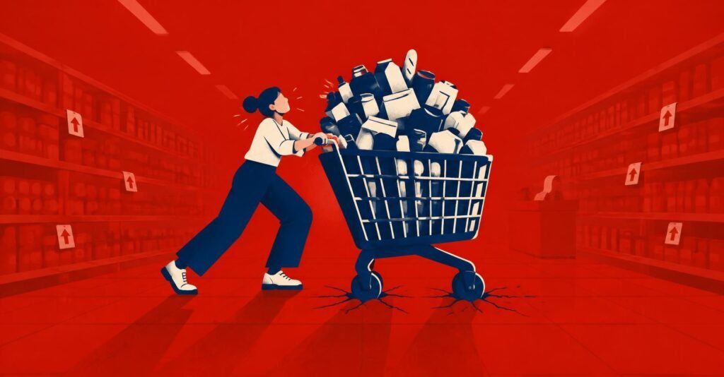 Ilustração de consumidor empurrando carrinho de supermercado pesado como âncora, representando alíquota de referência CBS e aumento de preços.
