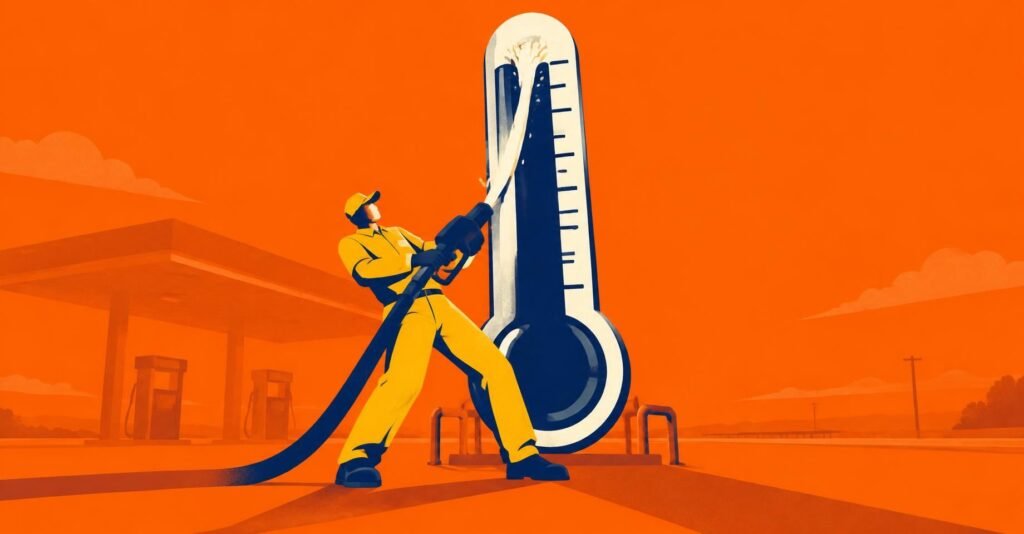 Ilustração de frentista puxando bico de combustível que sobe como um termômetro, representando alta da alíquota de ICMS sobre gasolina e diesel.