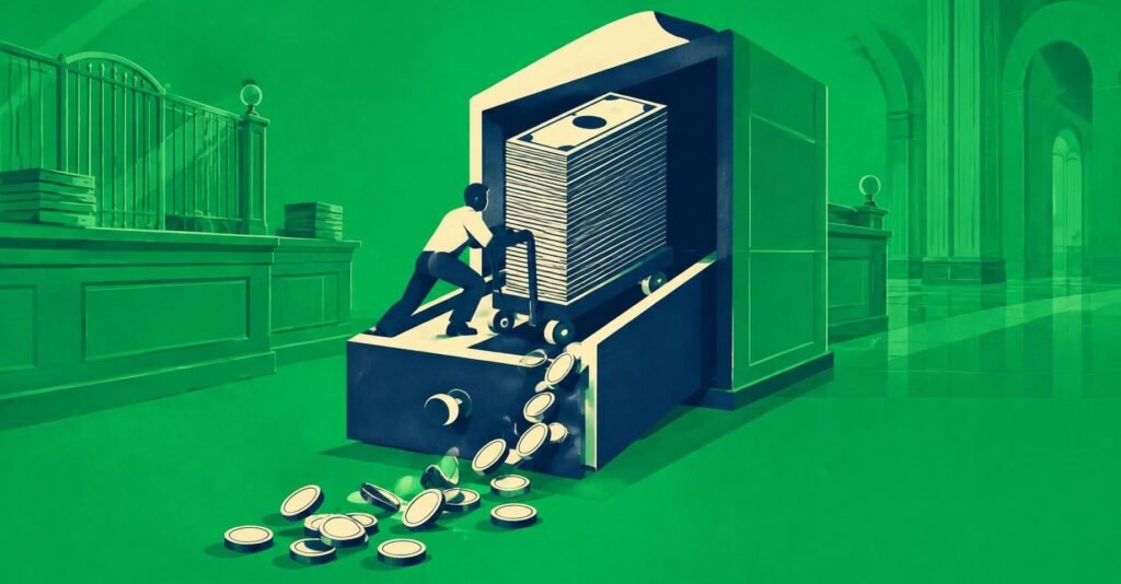 Ilustração de recorde da arrecadação federal de setembro: cofre gigante se abre e cédulas transbordam, retratando a alta da arrecadação federal de setembro.