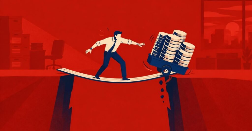 Ilustração de contador equilibrando-se em prancha sobre abismo, representando atraso dos créditos da CBS no caixa das empresas.