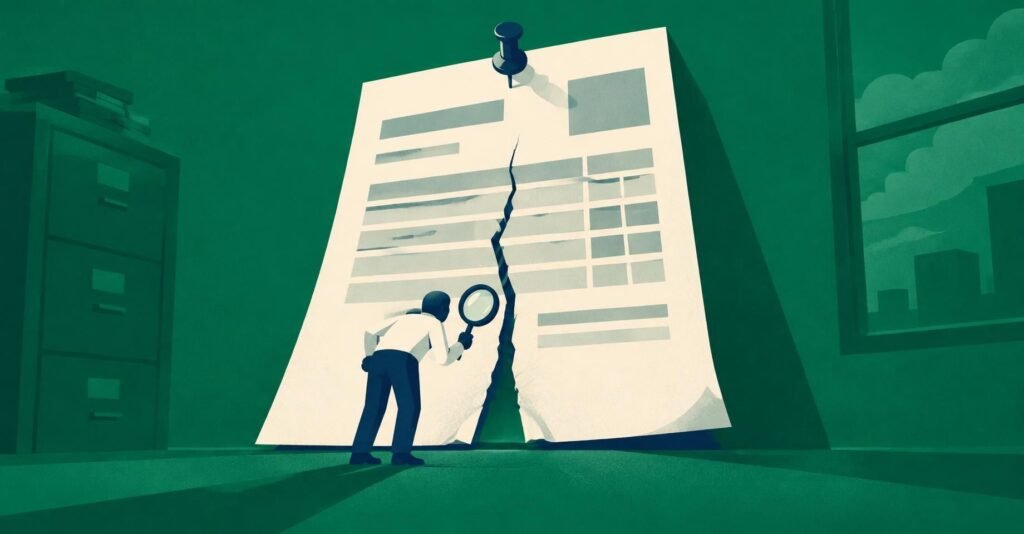 Ilustração de contador minúsculo inspecionando uma nota fiscal gigante antes que um pequeno erro se espalhe, ilustrando automação de riscos fiscais.