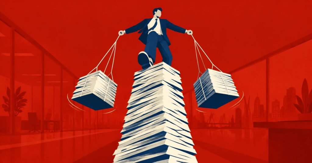 Contador equilibra pilha de notas fiscais em alta tensão, simbolizando a alíquota CBS de 11,3% e o IVA próximo de 30%.
