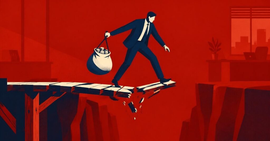 Ilustração de contador atravessando ponte frágil sobre abismo, simbolizando a CBS 2027 e a alíquota