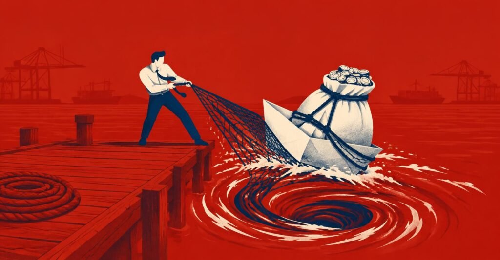 Contador segurando rede contra redemoinho levando barco de papel: CBS 2027 créditos e mudanças para empresas.