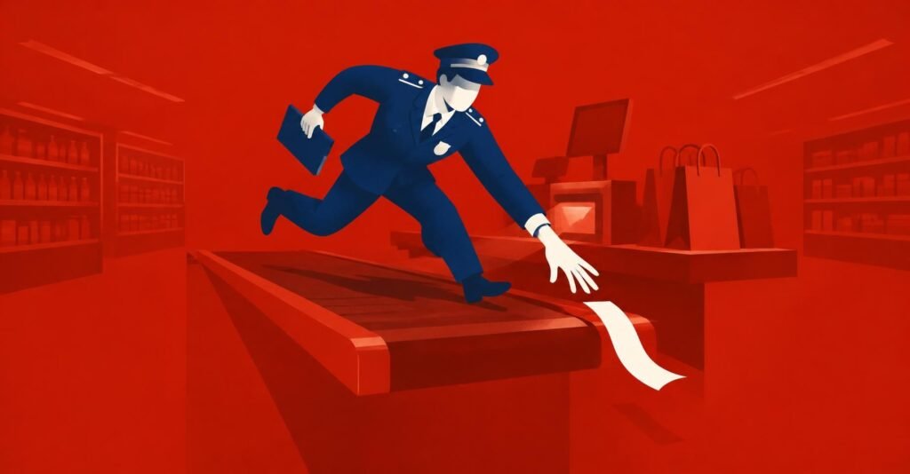 Ilustração de fiscal correndo para segurar uma nota fiscal sem destaque da CBS prestes a escapar do caixa de um supermercado.