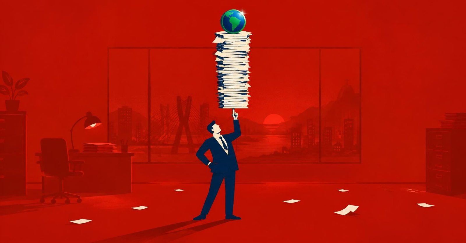 Contador equilibrando notas fiscais com uma moeda CBS no topo, ilustrando a adesão da CBS nos documentos fiscais e o leiaute NFS-e CBS.
