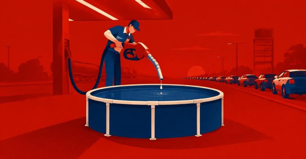Ilustração de frentista derramando uma gota de combustível em balde gigante, simbolizando a CBS sobre combustíveis em 2027