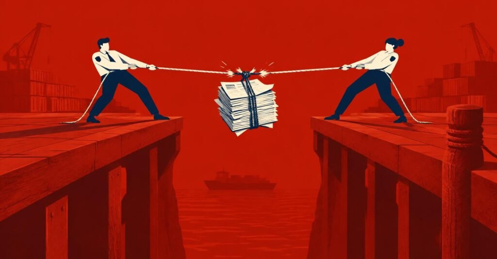Ilustração de duas autoridades puxando lados opostos de uma mesma corda, simbolizando a divergência do Comitê Gestor do IBS e da Receita Federal.