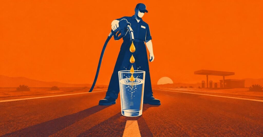 Ilustração de frentista segurando bico de bomba de combustível sobre a estrada, representando a alta da alíquota de ICMS sobre combustíveis em 2027.