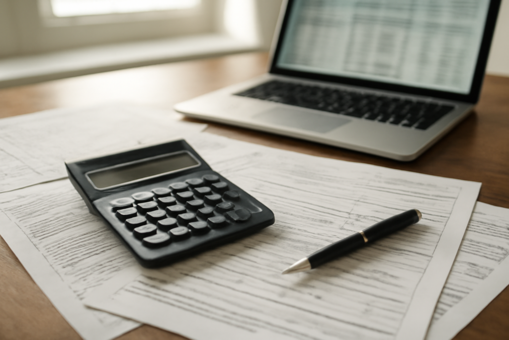 Mesa de escritório com documentos fiscais e calculadora ilustrando o Confaz, anistia e parcelamento de ICMS