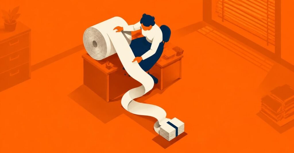 Ilustração de um servidor desenrolando uma longa fita de um rolo, representando o parcelamento de ICMS aprovado pelo Confaz.