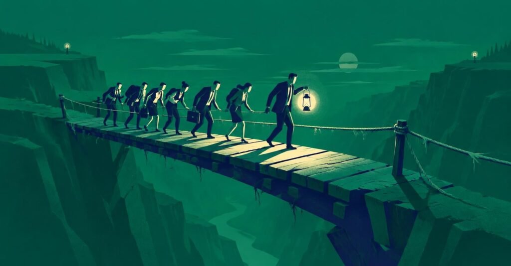 Ilustração de contador guiando empresários por ponte de confiança na reforma tributária, com palavra-chave contador conformidade reforma tributária