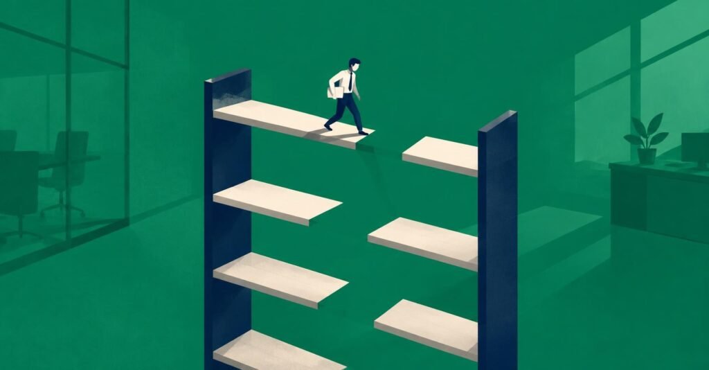 Ilustração de contador equilibrando-se sobre prateleiras simplificadas, representando a divulgação contábil enxuta do CPC 52 para controladas.