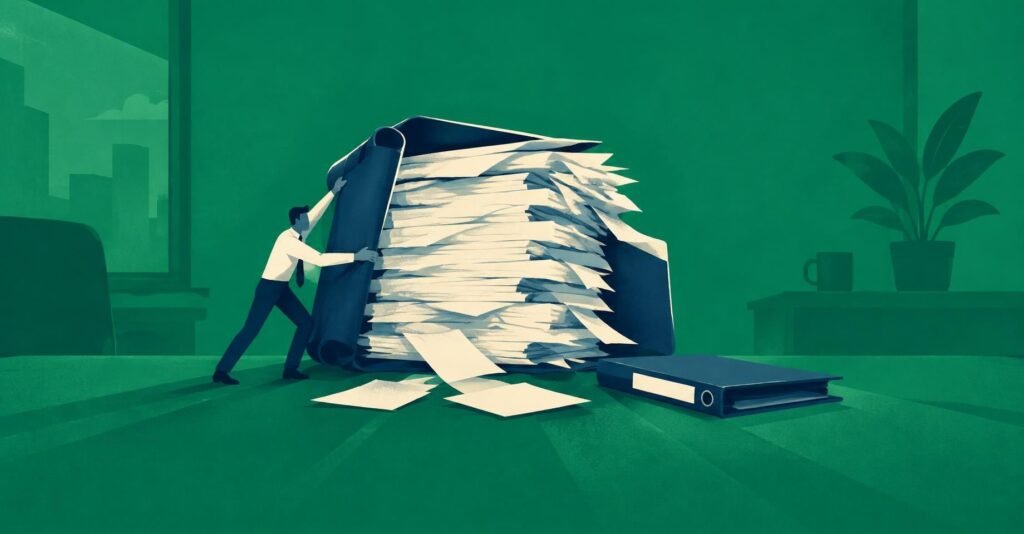 Ilustração de contador reduzindo volume de documentos, representando a minuta do CPC 52 sobre controladas e CPC 52 controladas