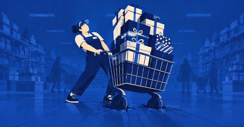 Ilustração de trabalhador temporário empurrando carrinho pesado de loja no fim do ano, ilustrando o custo funcionário contratação temporária.