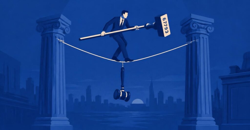 Ilustração de contador equilibrando um carimbo com o código do Darf 6793 entre colunas de um fórum trabalhista