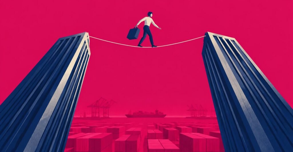 Ilustração de uma pessoa equilibrando-se em um fio sobre portos e contêineres, simbolizando declaração de bens no exterior no IR.