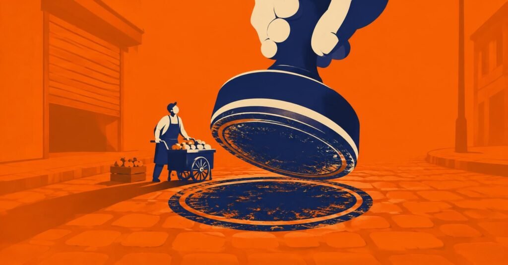 Ilustração de um pequeno vendedor ambulante diante de um carimbo gigante, símbolo do nanoempreendedor decreto CNPJ e da dispensa de inscrição.