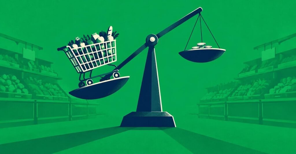 Ilustração de balança desequilibrada com carrinho de compras, simbolizando a desaceleração da economia brasileira no terceiro trimestre.