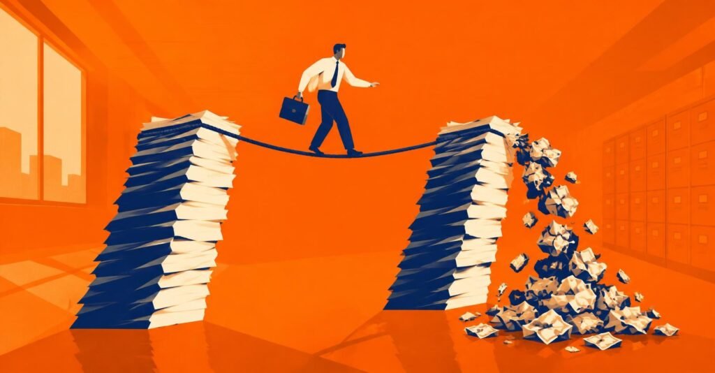 Ilustração de contador equilibrando-se em corda sobre contas de ICMS, representando o deságio na compra de créditos e sua tributação pelo IRPJ e CSLL.