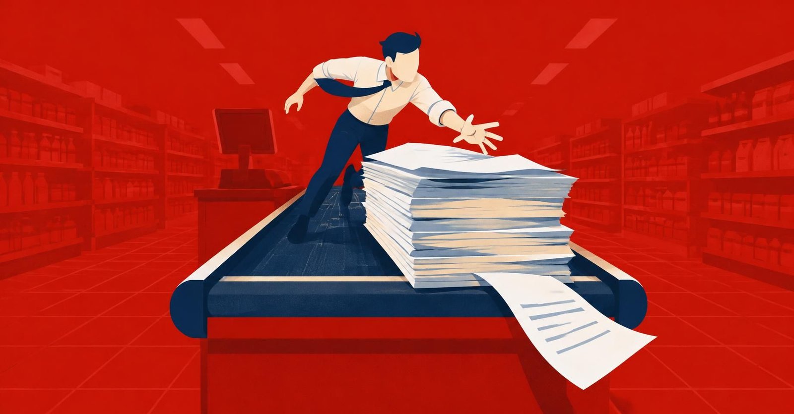 Ilustração de contador correndo sobre esteira de caixa com notas fiscais e o destaque CBS prestes a cair