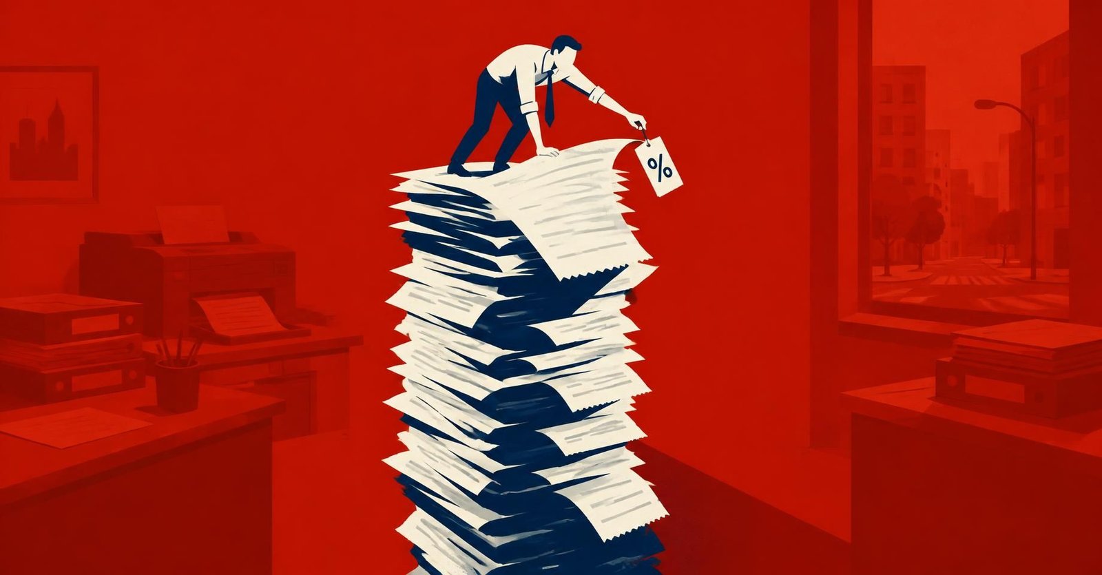 Ilustração de contador conferindo o destaque da CBS em notas fiscais no escritório contábil