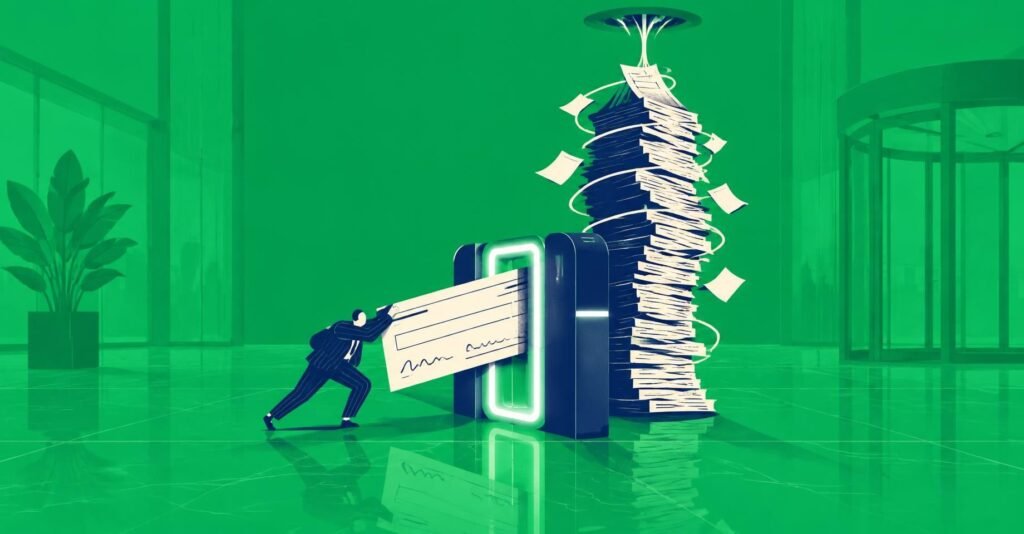 Ilustração de contador empurrando duplicata de papel por catraca digital, simbolizando a duplicata escritural na antecipação de recebíveis.