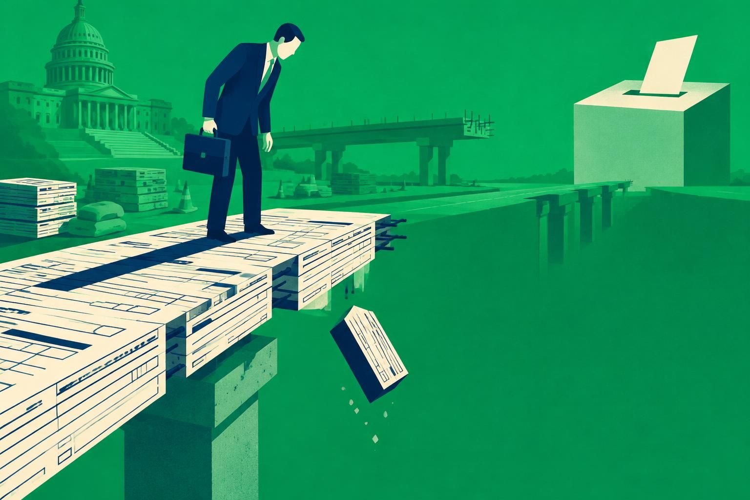 Contador diante de ponte inacabada de formulários fiscais, ilustrando a eleição para o Congresso e os impostos.