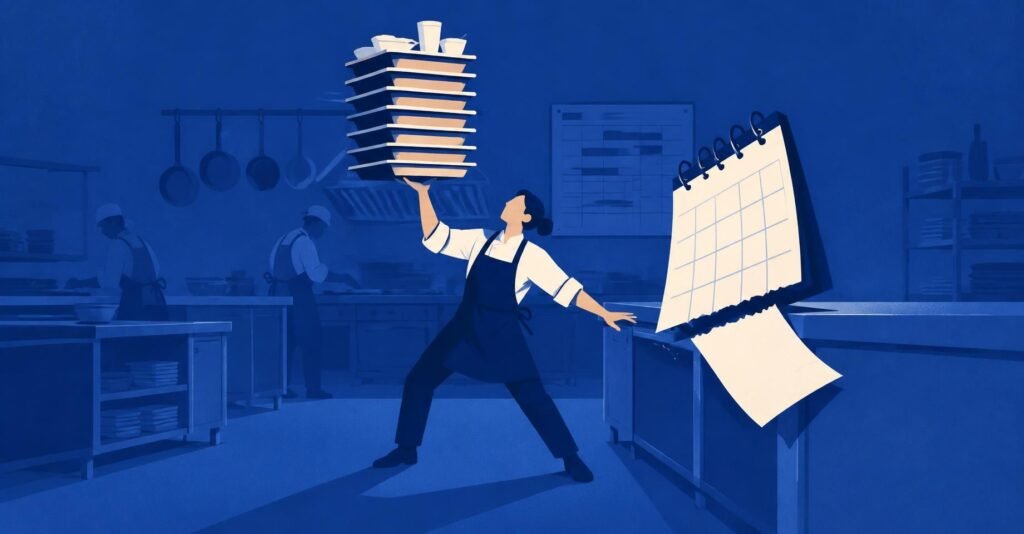 Ilustração de cozinha de restaurante com profissional equilibrando bandejas, representando a revisão de escalas 5x2 do Departamento Pessoal antes do Natal.