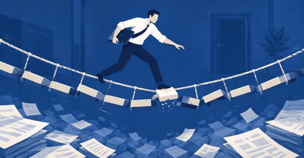 Contador atravessa ponte instável sobre abismo, ilustrando as novas exigências do eSocial para afastamentos e cadastros.