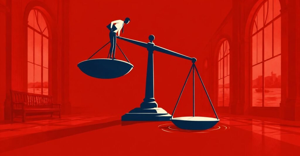 Ilustração de contador equilibrando-se em balança gigante, ilustrando a exclusão do IBS e CBS da base do ICMS em Santos.