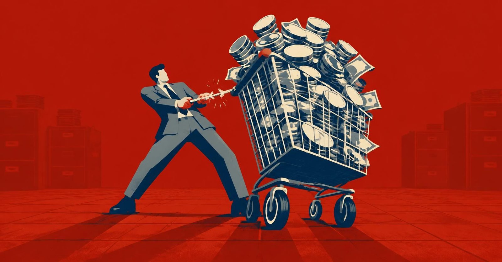 Ilustração de cesta de compras pesada puxada por contador, simbolizando a exclusão do IBS e da CBS da base do ICMS