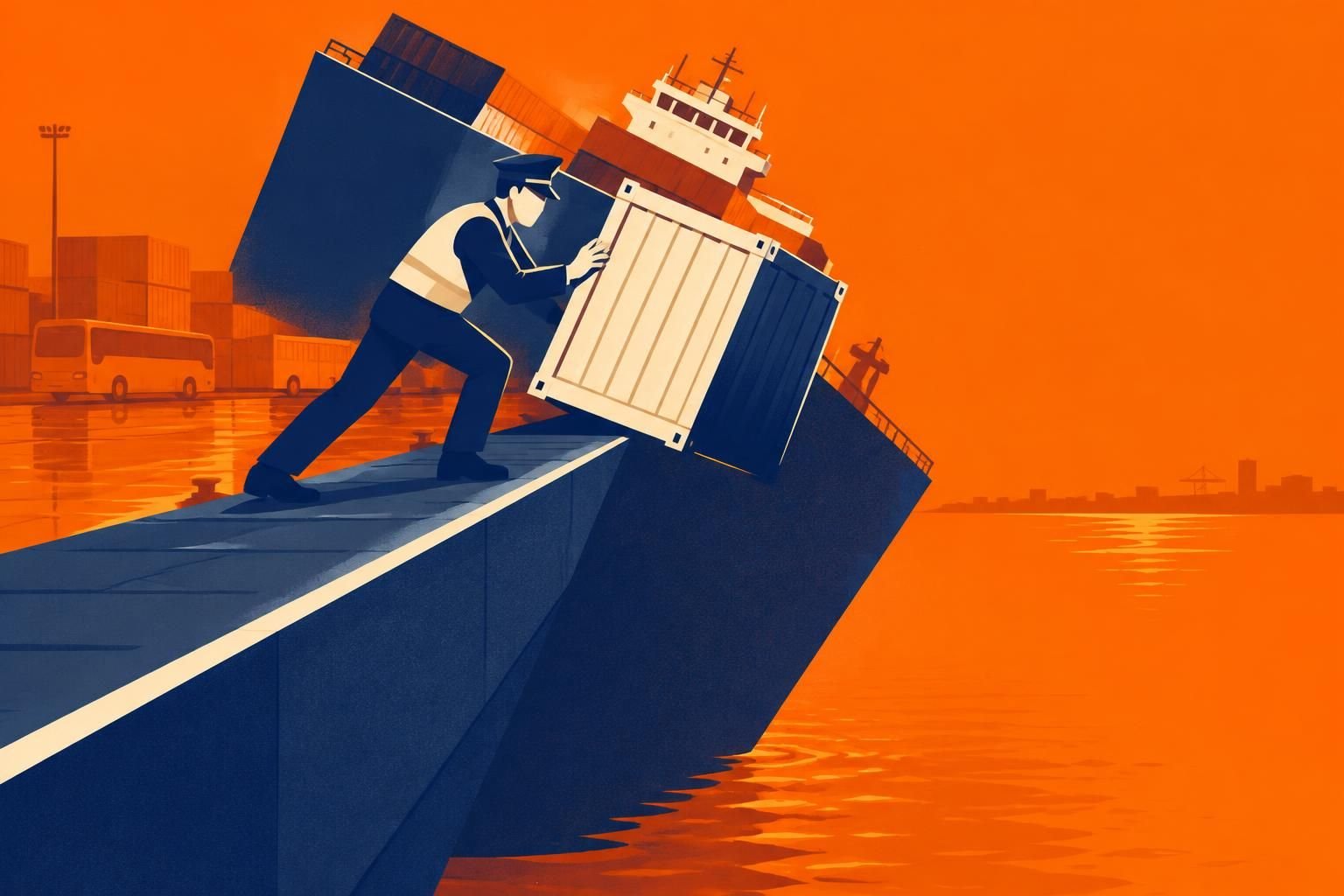 Ilustração de fiscal em rampa de navio com caixa desequilibrando a embarcação, sobre exclusão do Simples Nacional por perdimento.