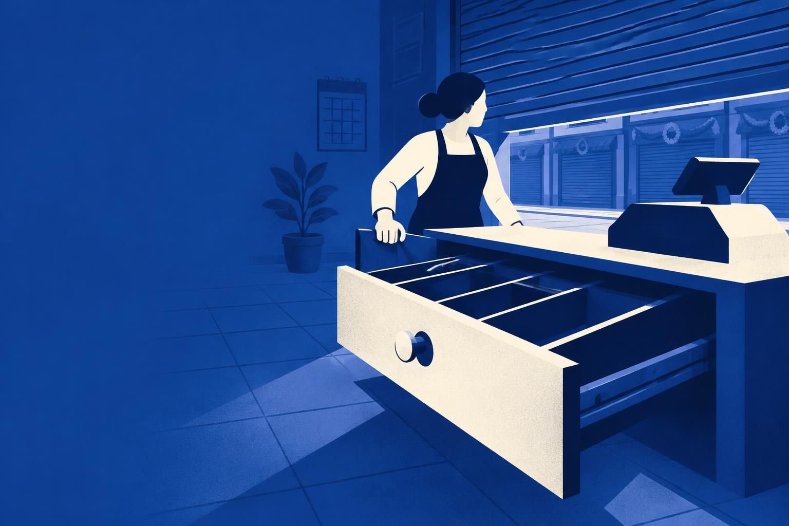Ilustração de um comerciante trabalhando sozinho no feriado de 12 de outubro, com a palavra-chave feriado 12 de outubro trabalho.