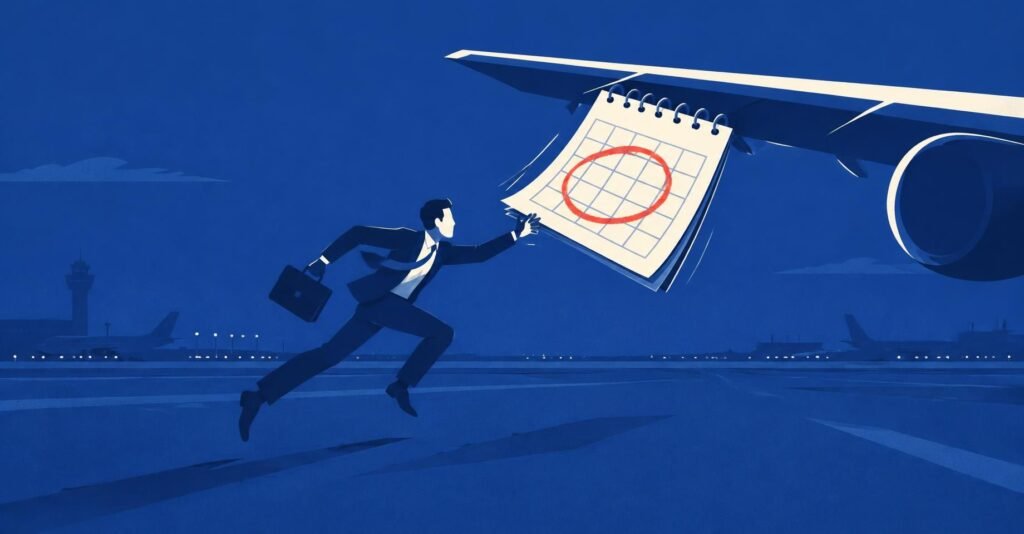 Ilustração de gestor correndo para alcançar um calendário em avião: férias coletivas prazo de 15 dias de antecedência.