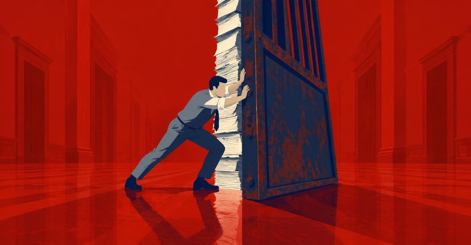 Ilustração de contador empurrando um portão enorme de filtro de relevância do STJ diante de documentos tributários do IBS e CBS.
