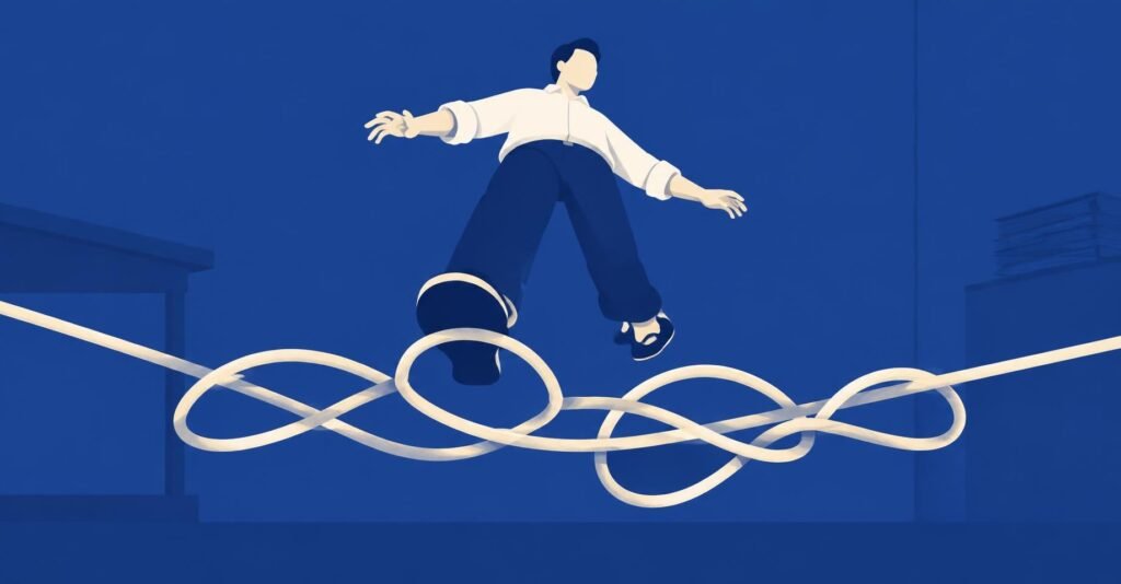 Ilustração de trabalhador equilibrando-se sobre corda, representando a mudança no fim da escala 6x1 para contadores.