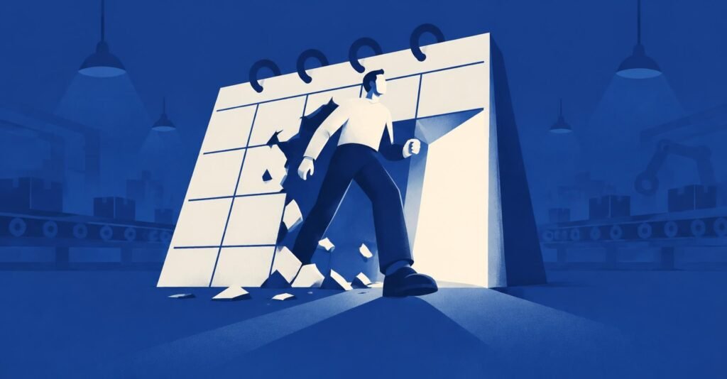 Ilustração sobre o fim da escala 6x1 e a nova jornada com dois dias de descanso semanal para trabalhadores.