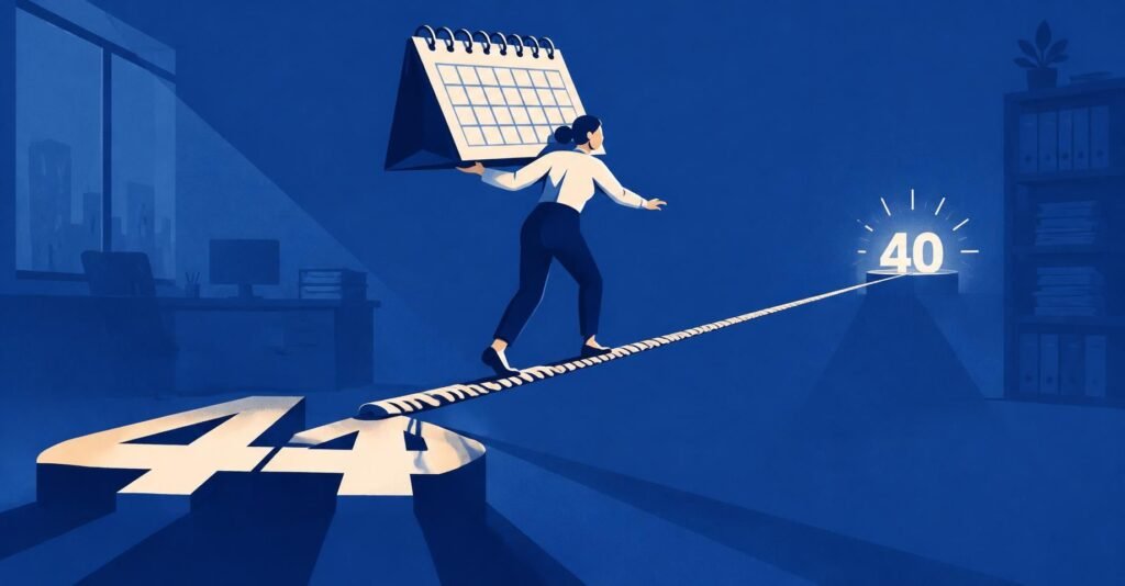 Ilustração de contador equilibrando calendário em corda, simbolizando o fim da escala 6x1 e as novas jornadas nas empresas.
