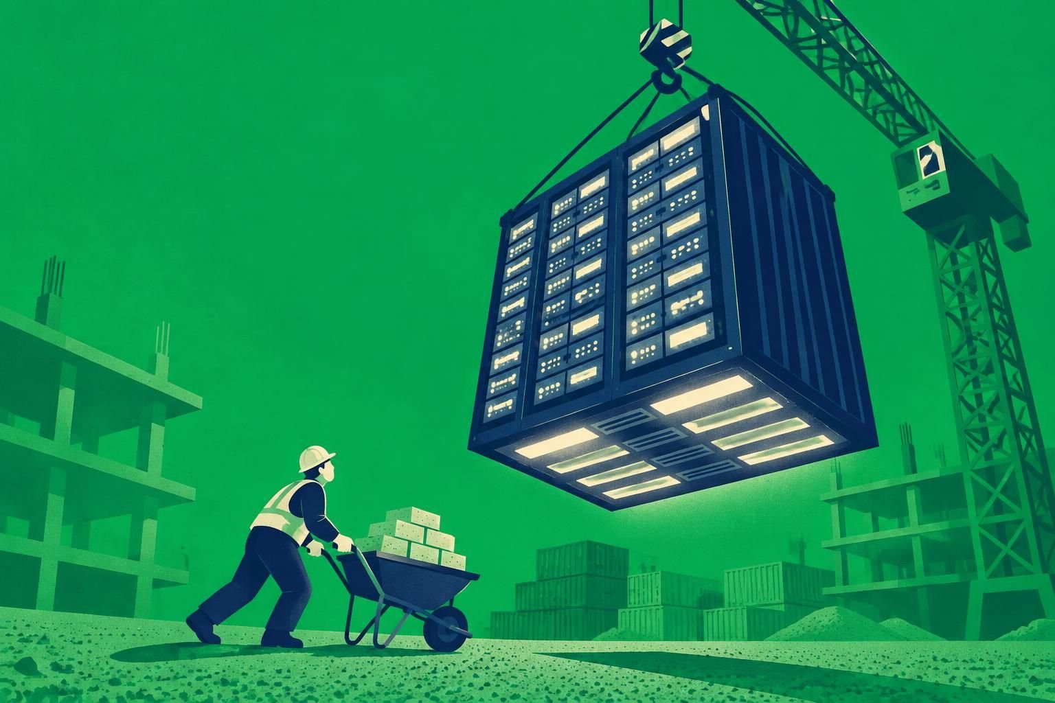 Guindaste gigante ergue servidores de IA sobre um canteiro de obras, ilustrando o crescimento global de 3% impulsionado por FMI e IA.