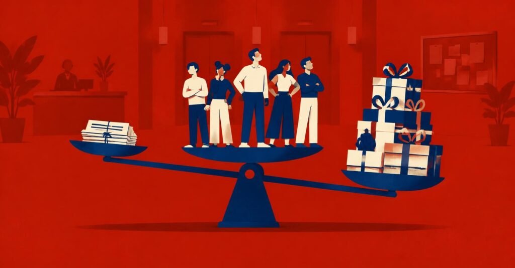 Ilustração de condomínio com balança equilibrando taxas e receitas, sobre IBS CBS condomínio e a compensação do tributo.