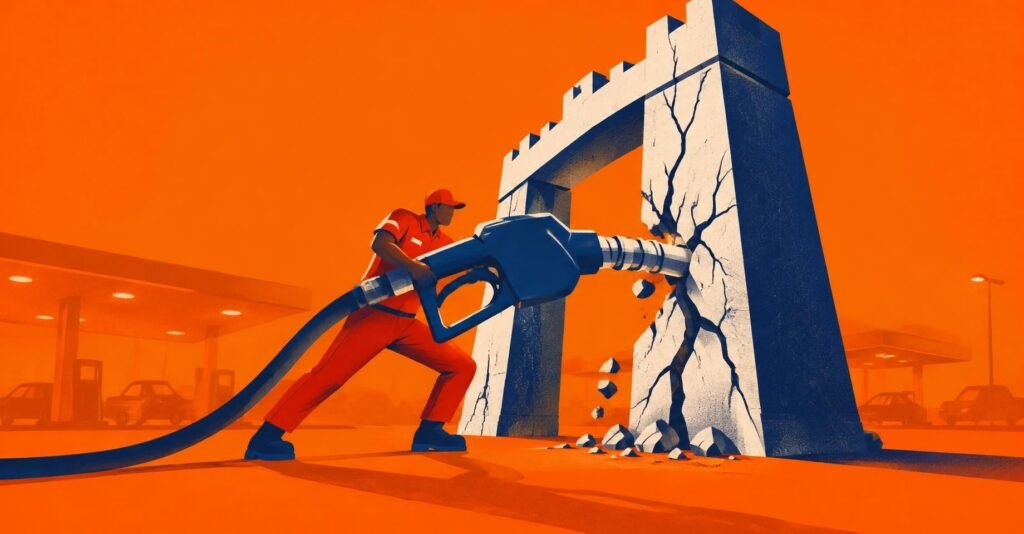 Ilustração de frentista empurrando bomba de combustível contra portão de pedra, simbolizando alta do ICMS monofásico dos combustíveis em 2027