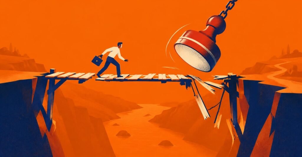 Ilustração de empresário atravessando ponte frágil com indeferimento do Simples Nacional em risco de queda.