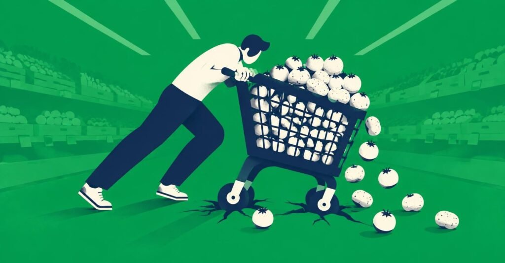 Ilustração de consumidor empurrando carrinho pesado de supermercado, representando a inflação de alimentos e serviços no bolso.